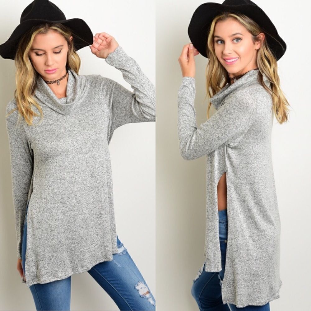 Gray Side Slit Turtleneck Sweater